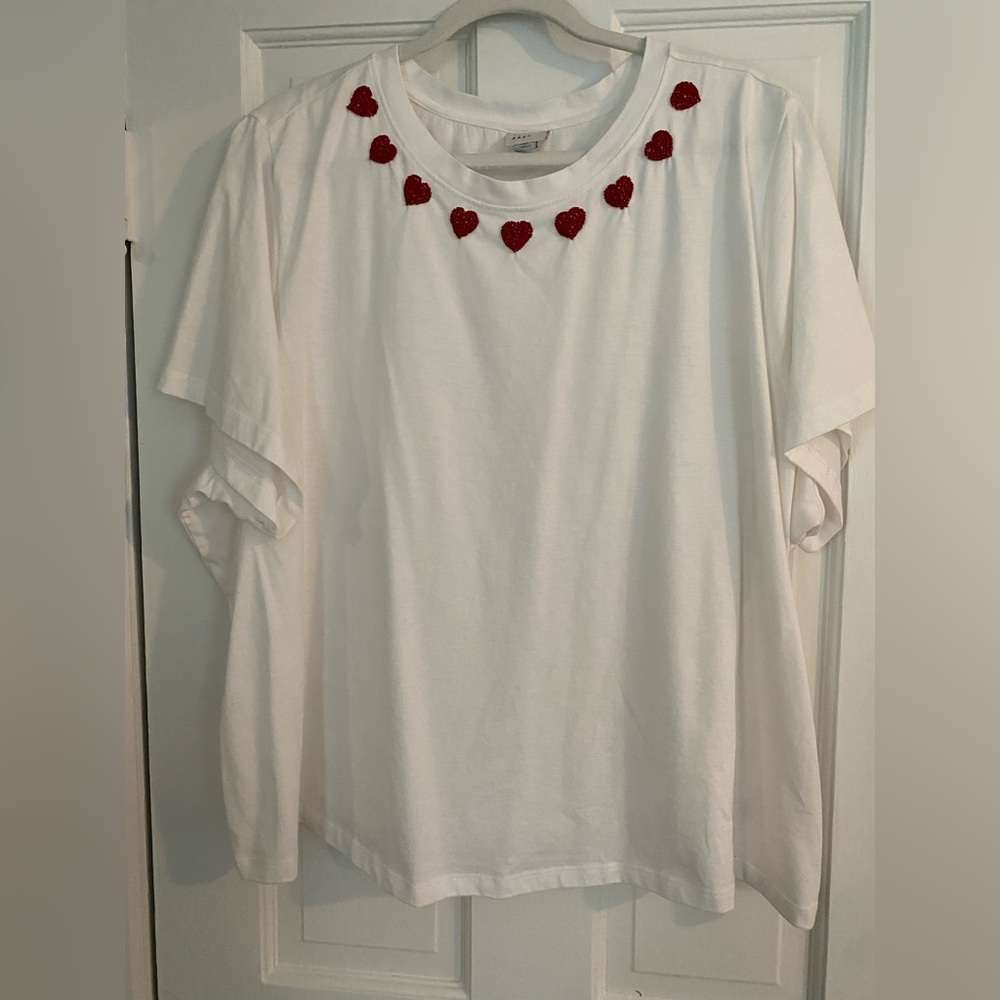 White Tee with Beaded Red Heart Neckline